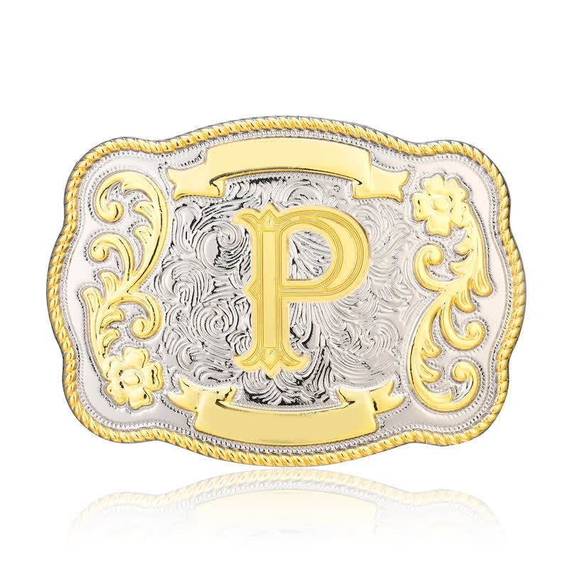 Cinturón de cuero con hebilla de letra inicial del oeste, dorado y plateado, hecho a mano - P - Sin cinturón - image 16