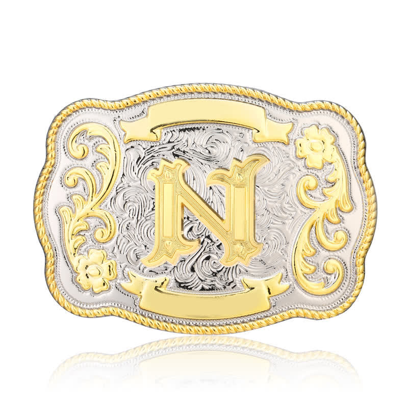 Cinturón de cuero con hebilla de letra inicial del oeste, dorado y plateado, hecho a mano - N - Sin cinturón - image 14