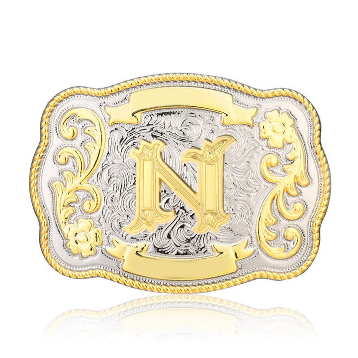 Cinturón de cuero con hebilla de letra inicial del oeste, dorado y plateado, hecho a mano - N - Sin cinturón - image 14