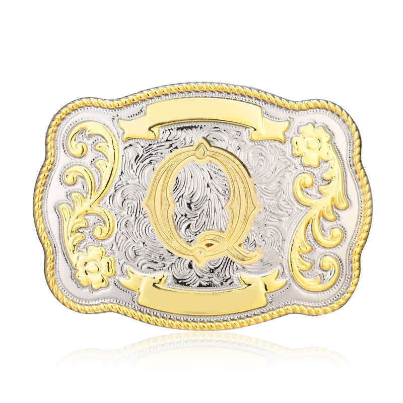 Cinturón de cuero con hebilla de letra inicial del oeste, dorado y plateado, hecho a mano - Q - Sin cinturón - image 17