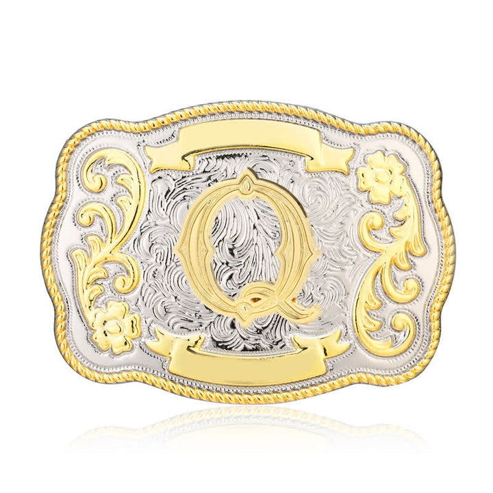 Cinturón de cuero con hebilla de letra inicial del oeste, dorado y plateado, hecho a mano - Q - Sin cinturón - image 17
