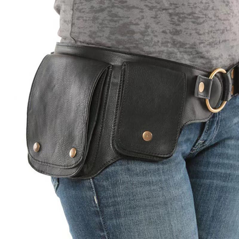 Riñonera unisex de cuero con botón para guardar el teléfono retro - Negro - image 1