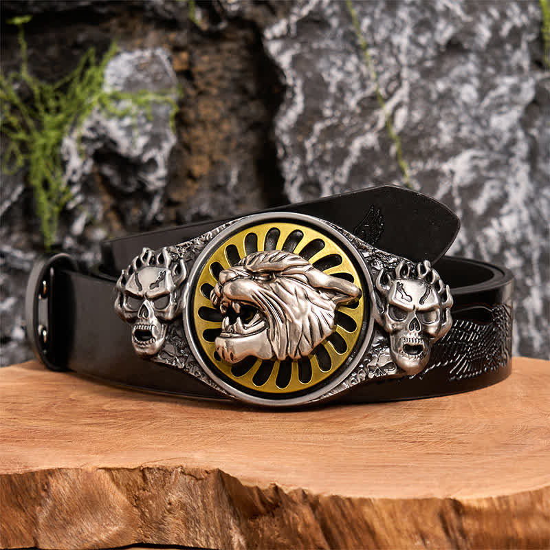 Cinturón de cuero con hebilla giratoria DIY con cabeza de tigre rugiente y calavera plateada - Cabeza de tigre - Cinturón de águila negra en relieve - 42 - image 3