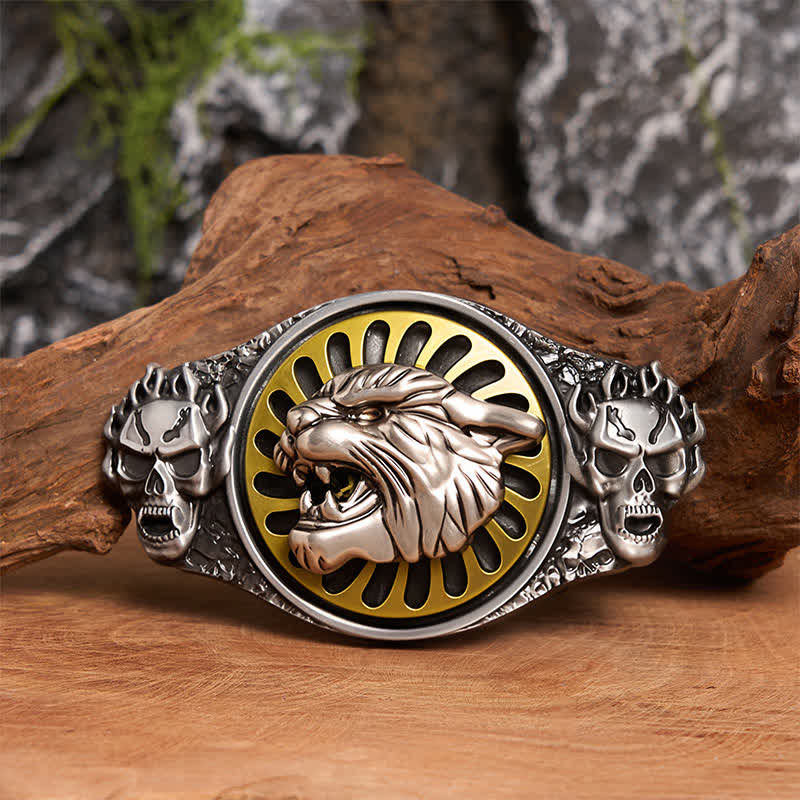Cinturón de cuero con hebilla giratoria DIY con cabeza de tigre rugiente y calavera plateada - Cabeza de tigre - Sin cinturón - Cinturón no incluido - image 1
