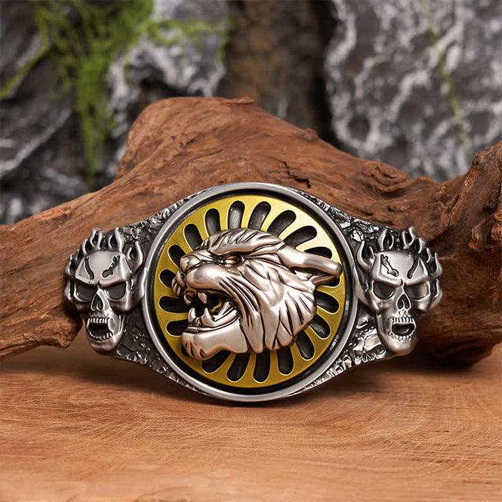 Cinturón de cuero con hebilla giratoria DIY con cabeza de tigre rugiente y calavera plateada - Cabeza de tigre - Sin cinturón - Cinturón no incluido - image 1