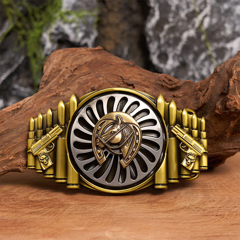 Cinturón de cuero con hebilla de pistola y bala con patrón de herradura de bronce giratoria - Herradura - Sin cinturón - Cinturón no incluido - image 1