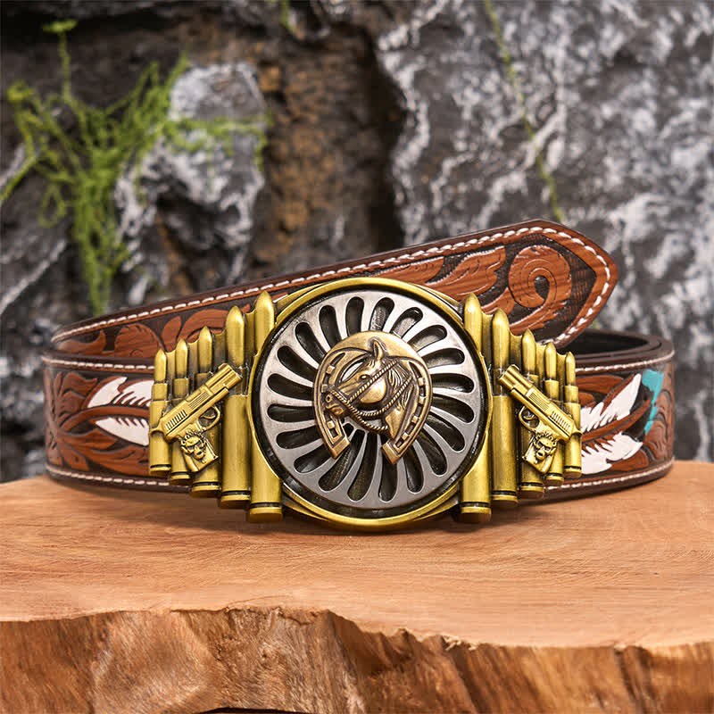 Cinturón de cuero con hebilla de pistola y bala con patrón de herradura de bronce giratoria - Herradura - Cinturón de plumas marrones - 40 - image 8