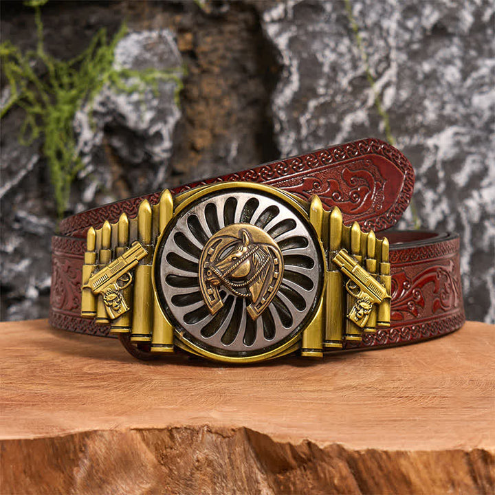 Cinturón de cuero con hebilla de pistola y bala con patrón de herradura de bronce giratoria - Herradura - Cinturón tallado marrón - 42 - image 7