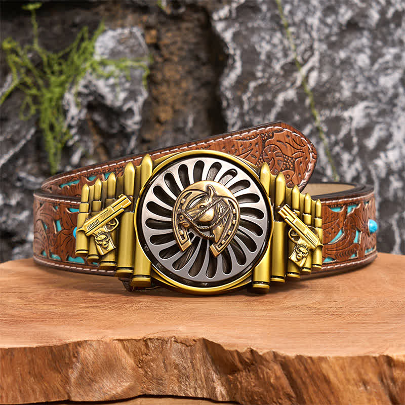Cinturón de cuero con hebilla de pistola y bala con patrón de herradura de bronce giratoria - Herradura - Cinturón tallado en turquesa - 42 - image 4