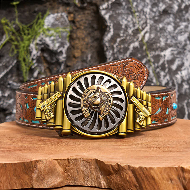 Cinturón de cuero con hebilla de pistola y bala con patrón de herradura de bronce giratoria - Herradura - Cinturón tallado en turquesa - 42 - image 4