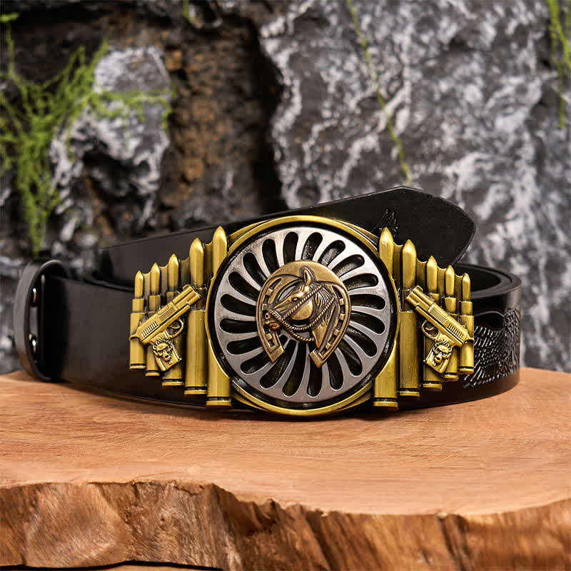 Cinturón de cuero con hebilla de pistola y bala con patrón de herradura de bronce giratoria - Herradura - Cinturón de águila negra en relieve - 42 - image 3