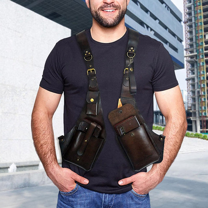 Bolso retro para teléfono con correa de cuero y botones para el hombro para hombre - image 2