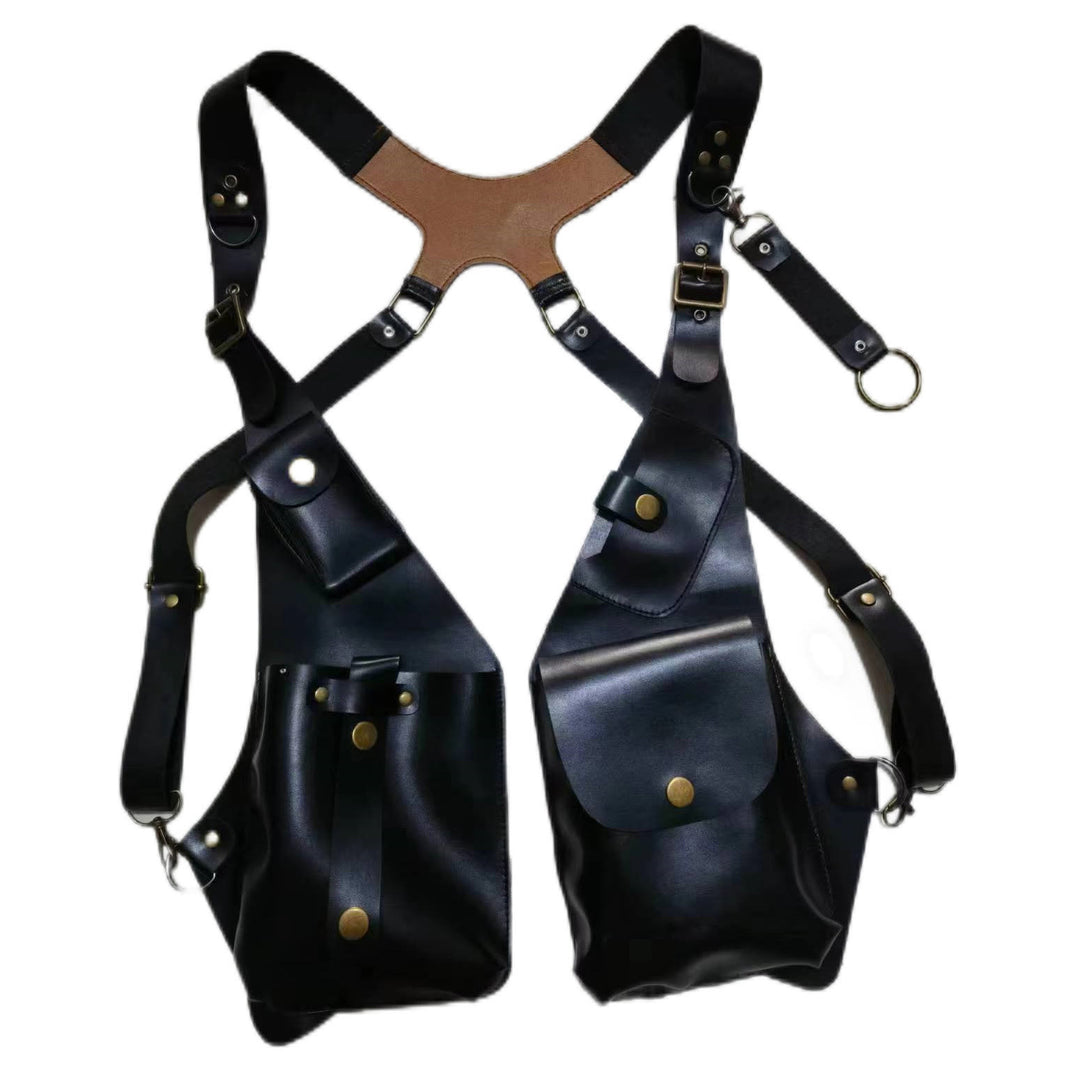 Bolso retro para teléfono con correa de cuero y botones para el hombro para hombre - Negro - image 4