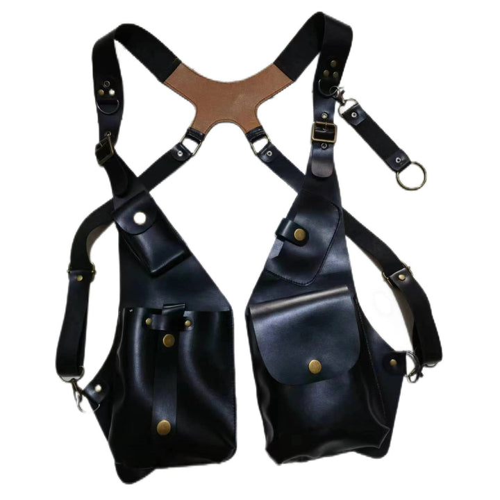 Bolso retro para teléfono con correa de cuero y botones para el hombro para hombre - Negro - image 4