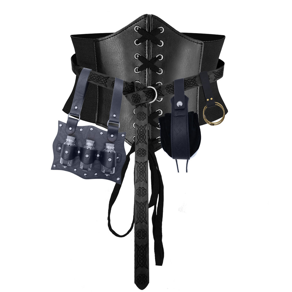 Cinturón de cosplay de Halloween de estilo medieval para mujer, accesorios con sello de cintura - 5 piezas - Negro - XL (32,7 pulgadas/83 cm) - image 2