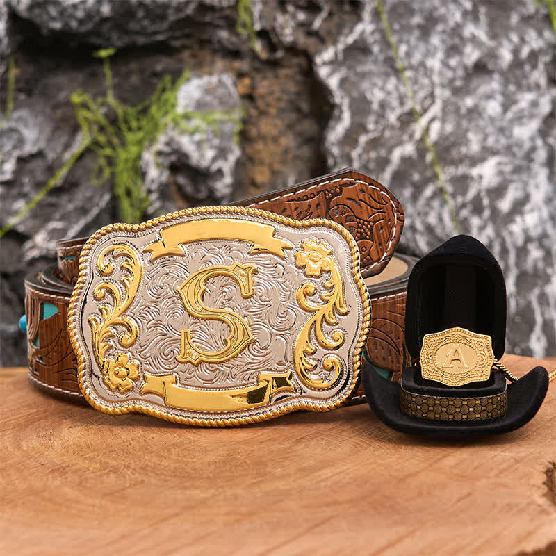 Conjunto de collar y hebilla de cinturón de oro con letra inicial grabada DIY - Manojo - Cinturón tallado en turquesa - 42 - image 1