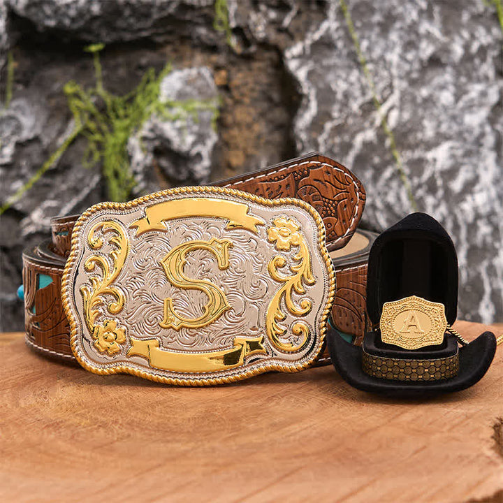 Conjunto de collar y hebilla de cinturón de oro con letra inicial grabada DIY - Manojo - Cinturón tallado en turquesa - 42 - image 1
