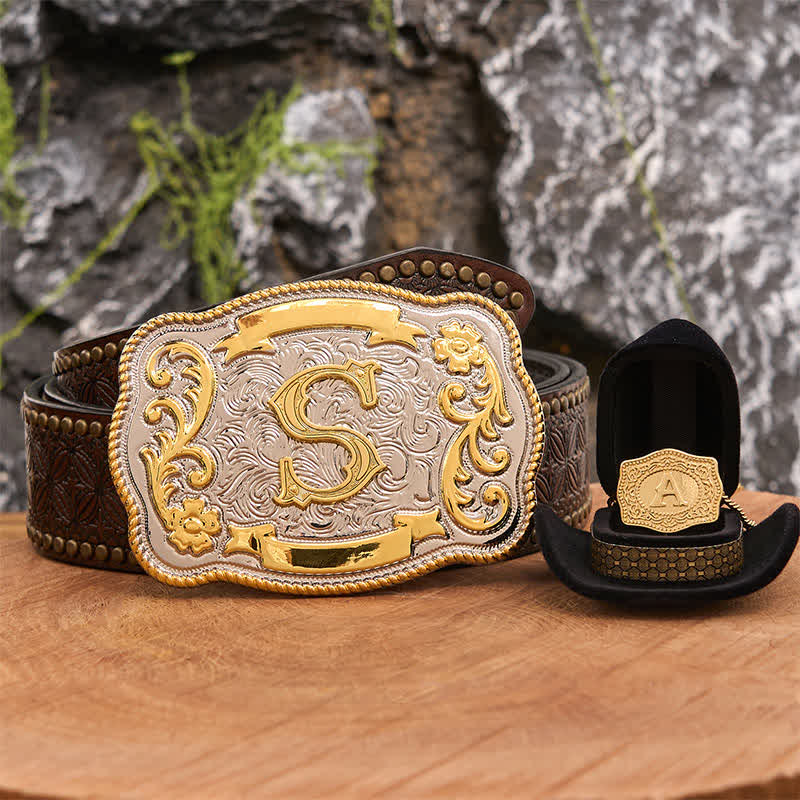 Conjunto de collar y hebilla de cinturón de oro con letra inicial grabada DIY - Manojo - Cinturón con remaches marrones - 42 - image 4