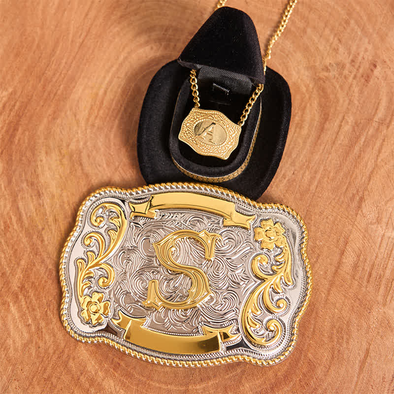 Conjunto de collar y hebilla de cinturón de oro con letra inicial grabada DIY - Manojo - Sin cinturón - No incluye cinturón - image 2