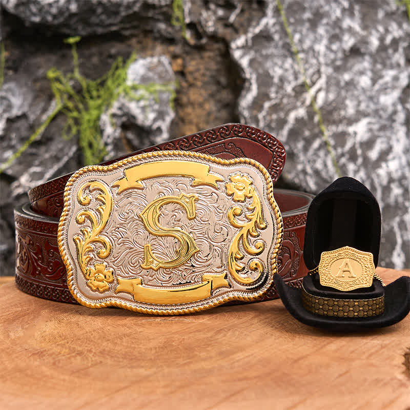 Conjunto de collar y hebilla de cinturón de oro con letra inicial grabada DIY - Manojo - Cinturón tallado marrón - 42 - image 6