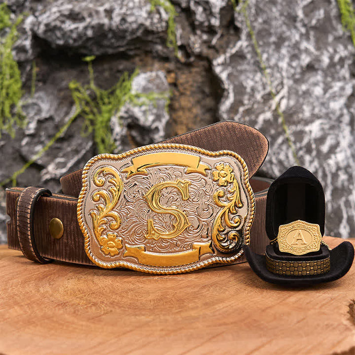 Conjunto de collar y hebilla de cinturón de oro con letra inicial grabada DIY - Manojo - Cinturón marrón desgastado - 42 - image 5