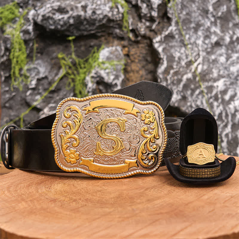 Conjunto de collar y hebilla de cinturón de oro con letra inicial grabada DIY - Manojo - Cinturón de águila negra en relieve - 42 - image 3