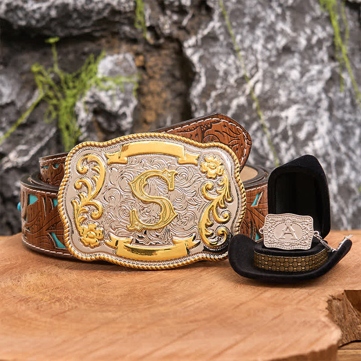 Conjunto de collar y hebilla de cinturón de plata con letra inicial DIY - Manojo - Cinturón tallado en turquesa - 42 - image 1