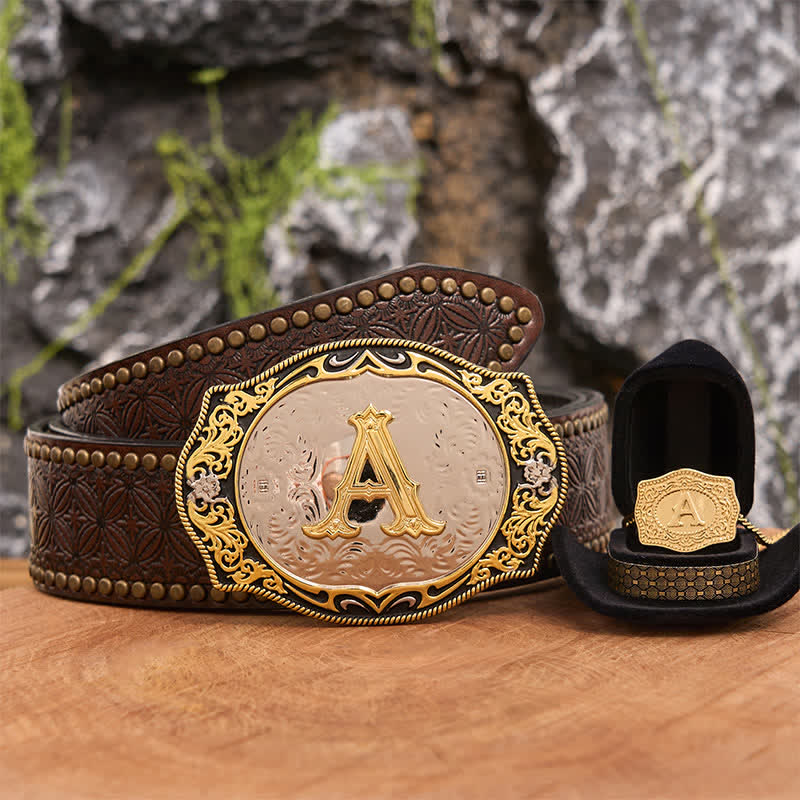 Conjunto de collar y hebilla de cinturón con letra inicial en negro dorado - Manojo - Cinturón con remaches marrones - 42 - image 5