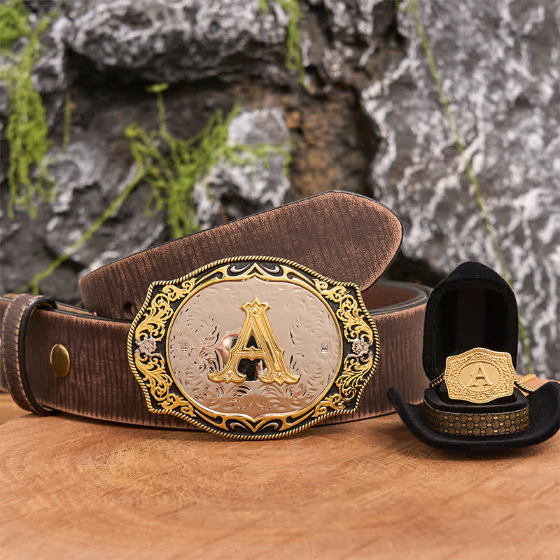Conjunto de collar y hebilla de cinturón con letra inicial en negro dorado - Manojo - Cinturón marrón desgastado - 42 - image 6