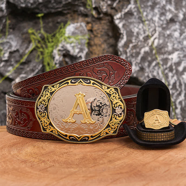 Conjunto de collar y hebilla de cinturón con letra inicial en negro dorado - Manojo - Cinturón tallado marrón - 42 - image 7