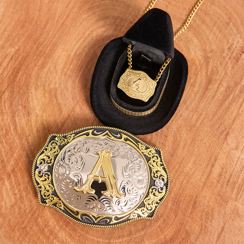 Conjunto de collar y hebilla de cinturón con letra inicial en negro dorado - Manojo - Sin cinturón - No incluye cinturón - image 2