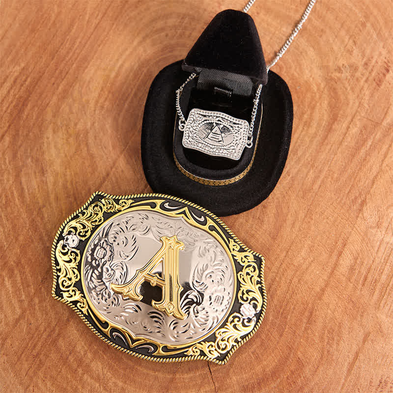 Conjunto de collar y hebilla de cinturón de plata con letra inicial negra dorada - Manojo - Sin cinturón - No incluye cinturón - image 2