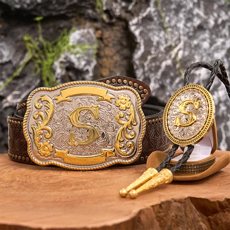 Conjunto de hebilla de cinturón grande con letra inicial, bricolaje, dorado, para corbata bolo - Manojo - Cinturón con remaches marrones - 42 - image 5