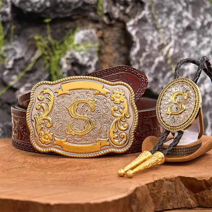 Conjunto de hebilla de cinturón grande con letra inicial, bricolaje, dorado, para corbata bolo - Manojo - Cinturón tallado marrón - 42 - image 7