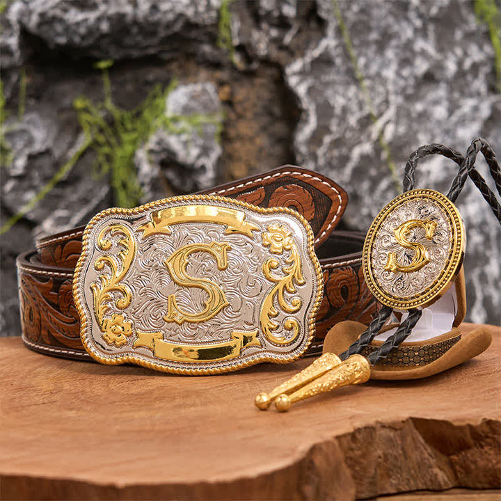 Conjunto de hebilla de cinturón grande con letra inicial, bricolaje, dorado, para corbata bolo - Manojo - Cinturón de plumas marrones - 40 - image 8