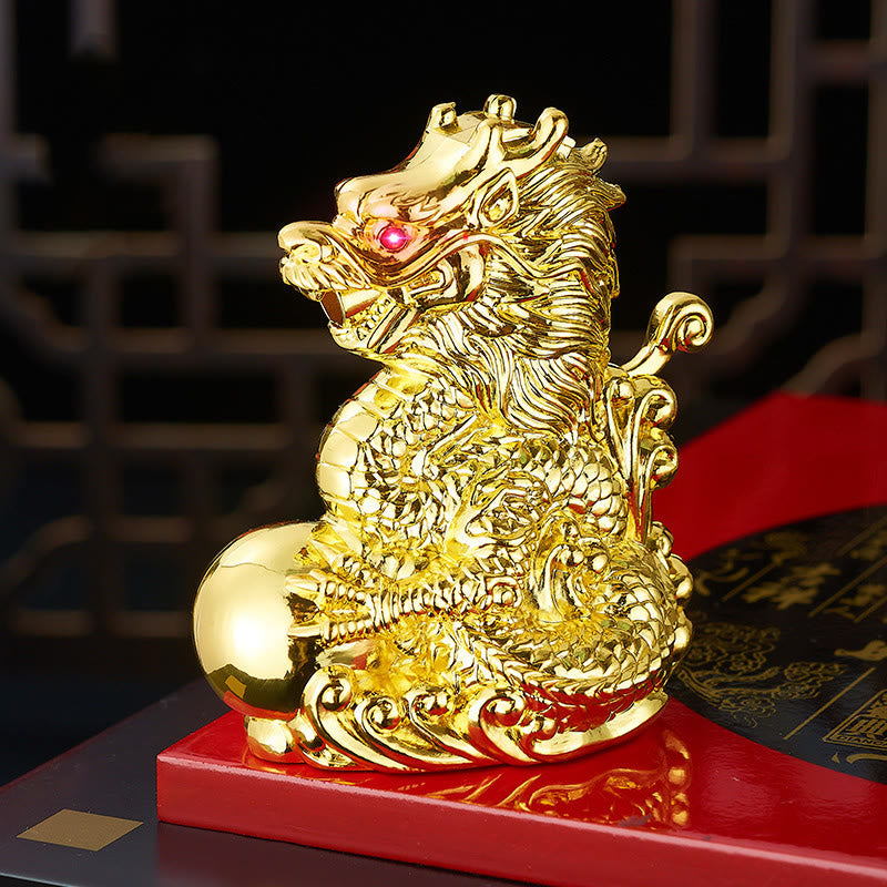 Encendedor de butano resistente al viento con diseño de dragón jugando con la perla en relieve - Dorado - image 4
