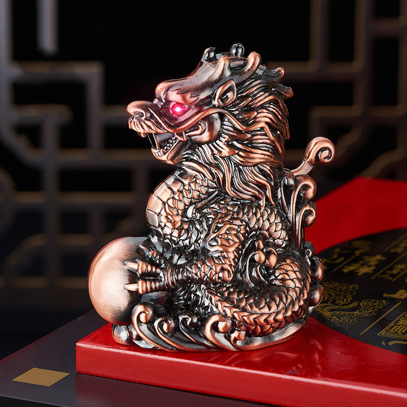 Encendedor de butano resistente al viento con diseño de dragón jugando con la perla en relieve - Bronce rojo - image 3
