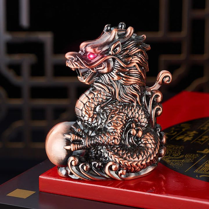 Encendedor de butano resistente al viento con diseño de dragón jugando con la perla en relieve - Bronce rojo - image 3