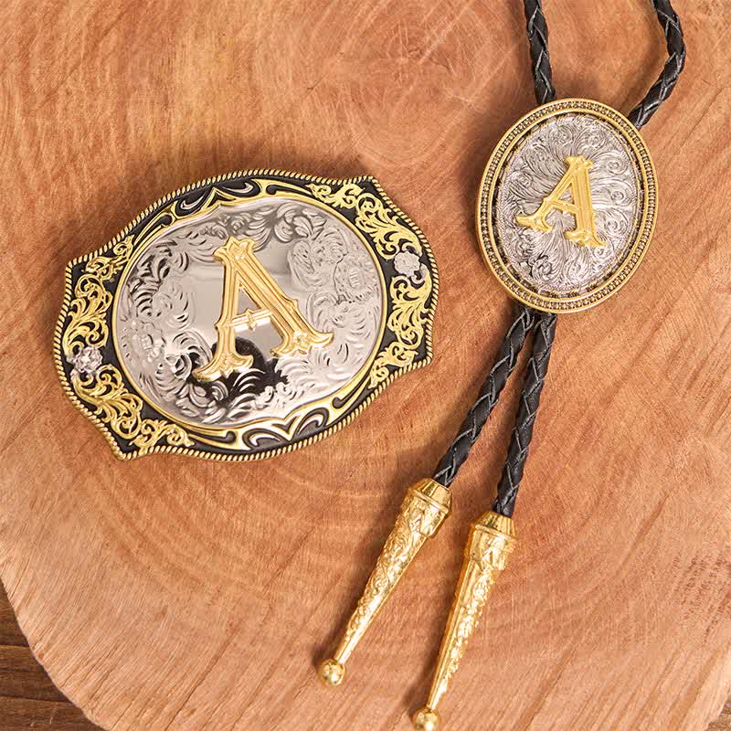 Conjunto de hebilla de cinturón con inicial en negro dorado y lazo bolo dorado para hacer tú mismo - Manojo - Sin cinturón - No incluye cinturón - image 2