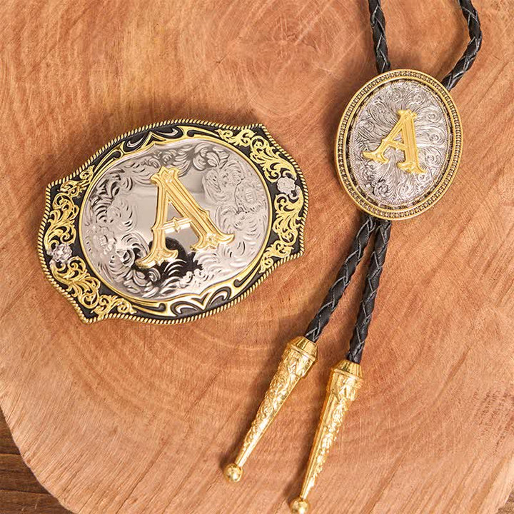 Conjunto de hebilla de cinturón con inicial en negro dorado y lazo bolo dorado para hacer tú mismo - Manojo - Sin cinturón - No incluye cinturón - image 2