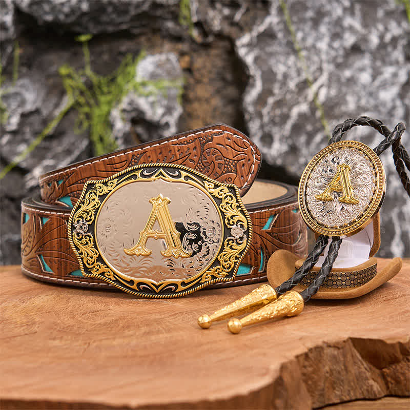 Conjunto de hebilla de cinturón con inicial en negro dorado y lazo bolo dorado para hacer tú mismo - Manojo - Cinturón tallado en turquesa - 42 - image 1