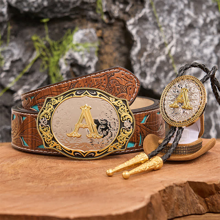 Conjunto de hebilla de cinturón con inicial en negro dorado y lazo bolo dorado para hacer tú mismo - Manojo - Cinturón tallado en turquesa - 42 - image 1