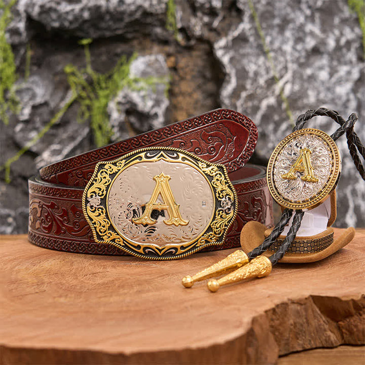 Conjunto de hebilla de cinturón con inicial en negro dorado y lazo bolo dorado para hacer tú mismo - Manojo - Cinturón tallado marrón - 42 - image 7