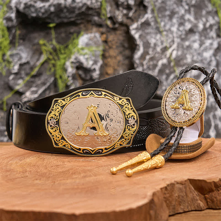 Conjunto de hebilla de cinturón con inicial en negro dorado y lazo bolo dorado para hacer tú mismo - Manojo - Cinturón de águila negra en relieve - 42 - image 4