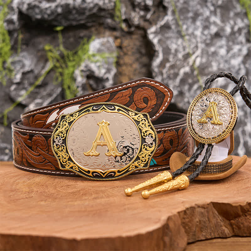 Conjunto de hebilla de cinturón con inicial en negro dorado y lazo bolo dorado para hacer tú mismo - Manojo - Cinturón de plumas marrones - 40 - image 8