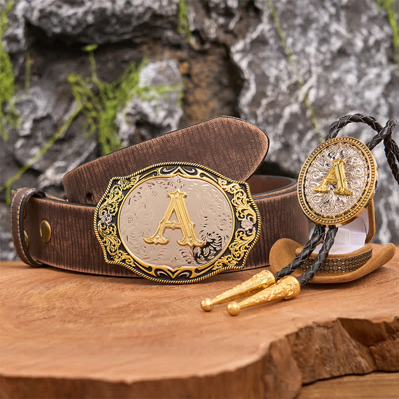 Conjunto de hebilla de cinturón con inicial en negro dorado y lazo bolo dorado para hacer tú mismo - Manojo - Cinturón marrón desgastado - 42 - image 6