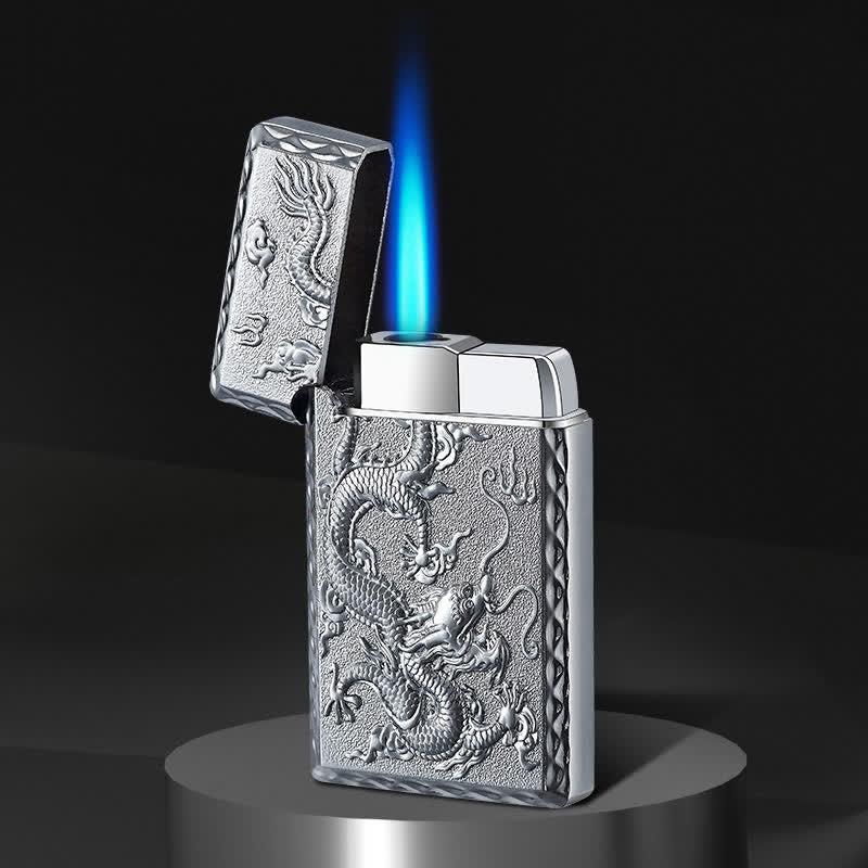 Encendedor de butano recargable con llama de chorro simple y relieve de dragón - Plata - image 3