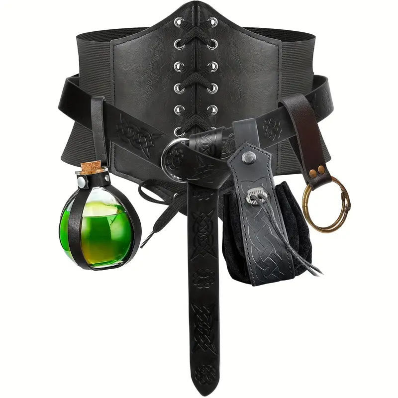 Cinturón vikingo con botella de alquimia para cosplay de Halloween (5 unidades) - 5 piezas - Negro - XL (32,7 pulgadas/83 cm) - image 2