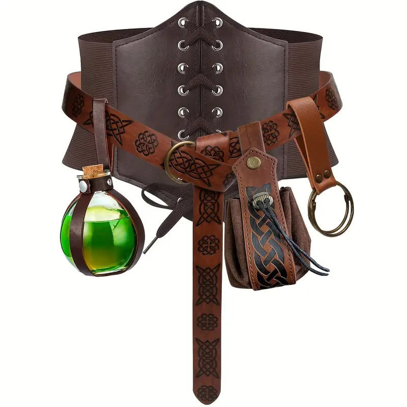 Cinturón vikingo con botella de alquimia para cosplay de Halloween (5 unidades) - 5 piezas - Marrón - XL (32,7 pulgadas/83 cm) - image 1