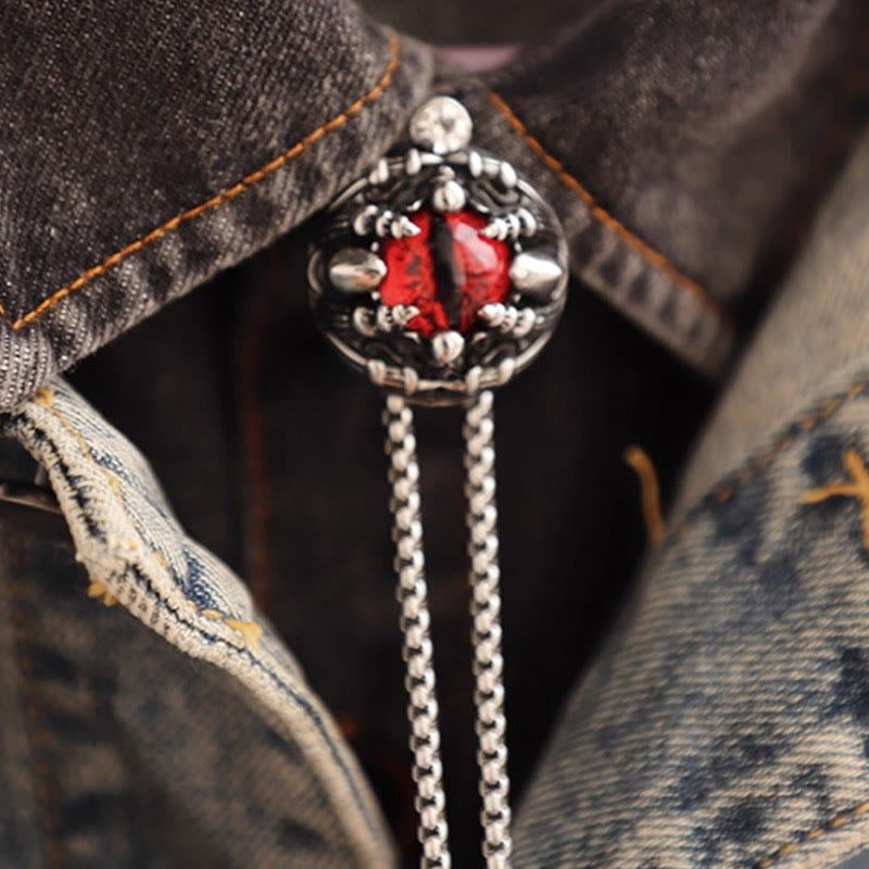 Corbata de bolo de cadena de acero con garras de ojo de demonio retro hecha a mano - Rojo - image 8
